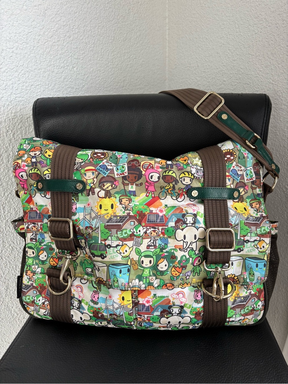 Tokidoki Eco-Character Messenger Bag  Brown Straps dark Green Leather Accents